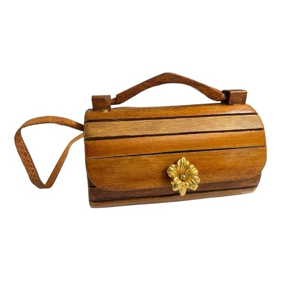 Vintage 80's Bohemian handmade Wooden Purse w/ leather strap press in closure - Picture 1 of 13